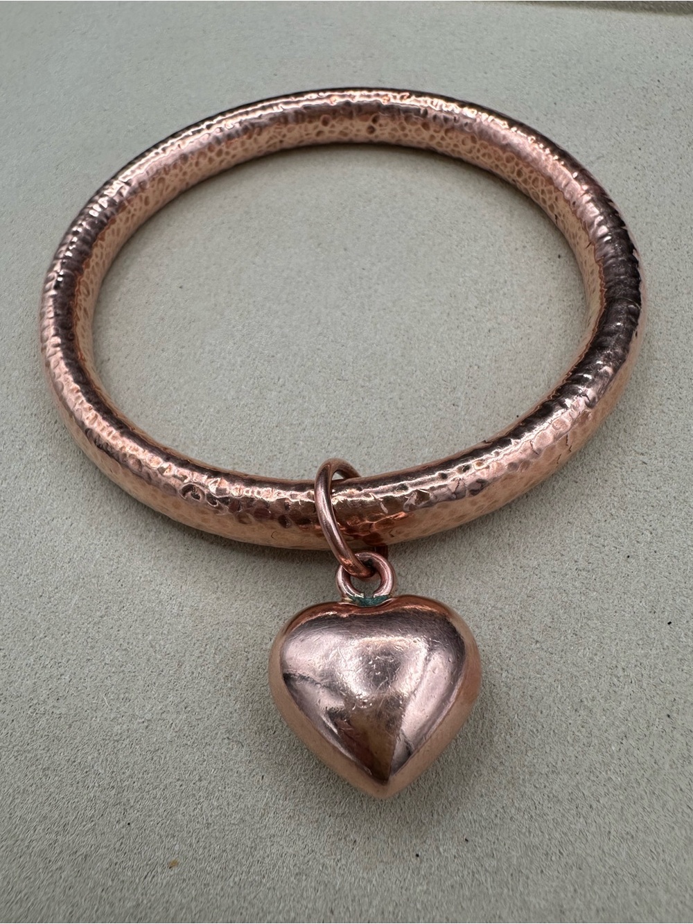 Vintage Hammered Copper Bangle Bracelet Puffy Heart Charm Chunky Statement Boho